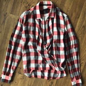 rag and bone plaid wrap blouse small red white and black roll sleeve country